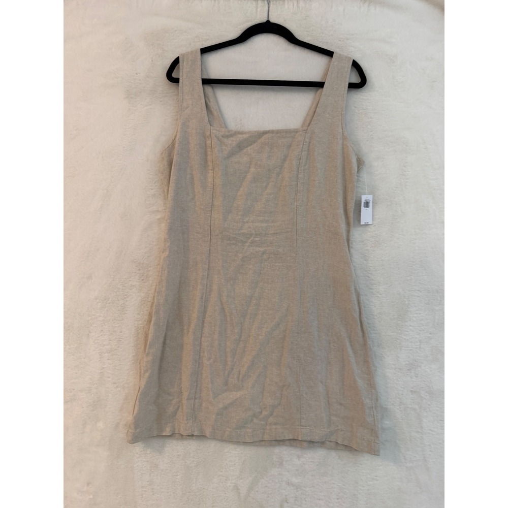 Old Navy Linen Blend Square Neck Dress Womens Large NWT Oatmeal Beige Smocked